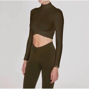 Joja Exhale Long Sleeve Zipper Front Activewear Crop Top Sz Small Womens Army Gr